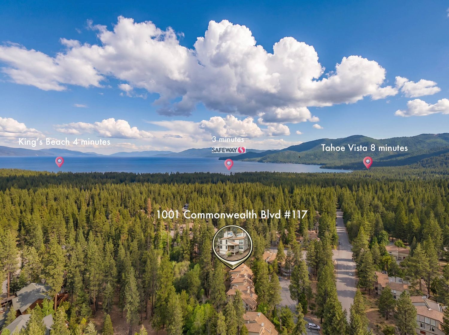 Aerial view of 1001 Commonwealth Blvd #117 surrounded by pine forest near King Beach and Tahoe Vista in North Lake Tahoe.