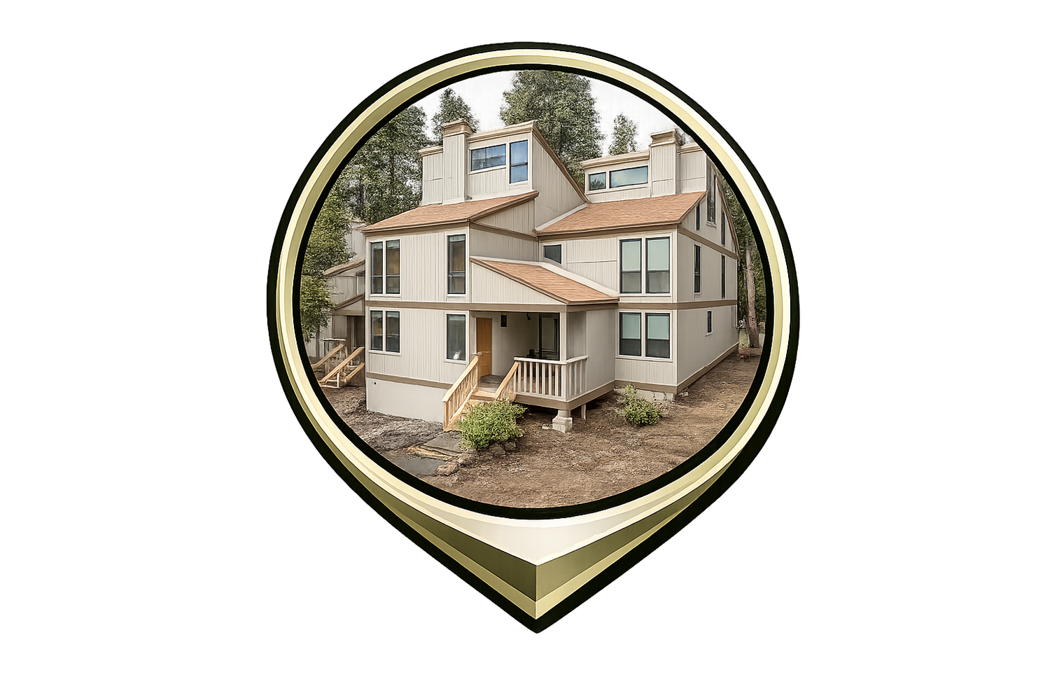 Two-story beige colonial home with covered porch, multiple windows, and surrounding pine trees in a residential setting.