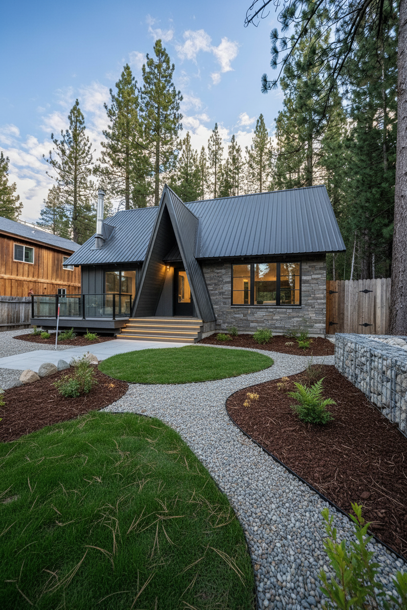 Modern home exterior features curved gravel pathway leading through landscaped yard with pine trees and dark metal roof.