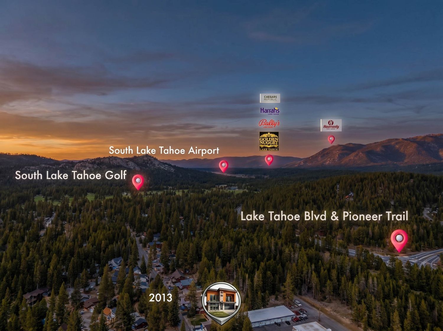 Aerial sunset view of South Lake Tahoe showing golf course, airport, and Lake Tahoe Blvd landmarks amid forested mountains.