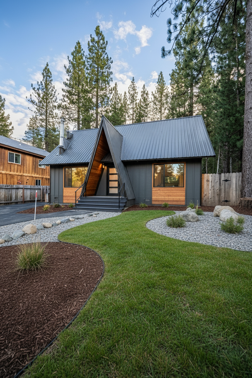 Modern A-frame cabin with wood accents and metal roof features landscaped yard with gravel and mulch borders.