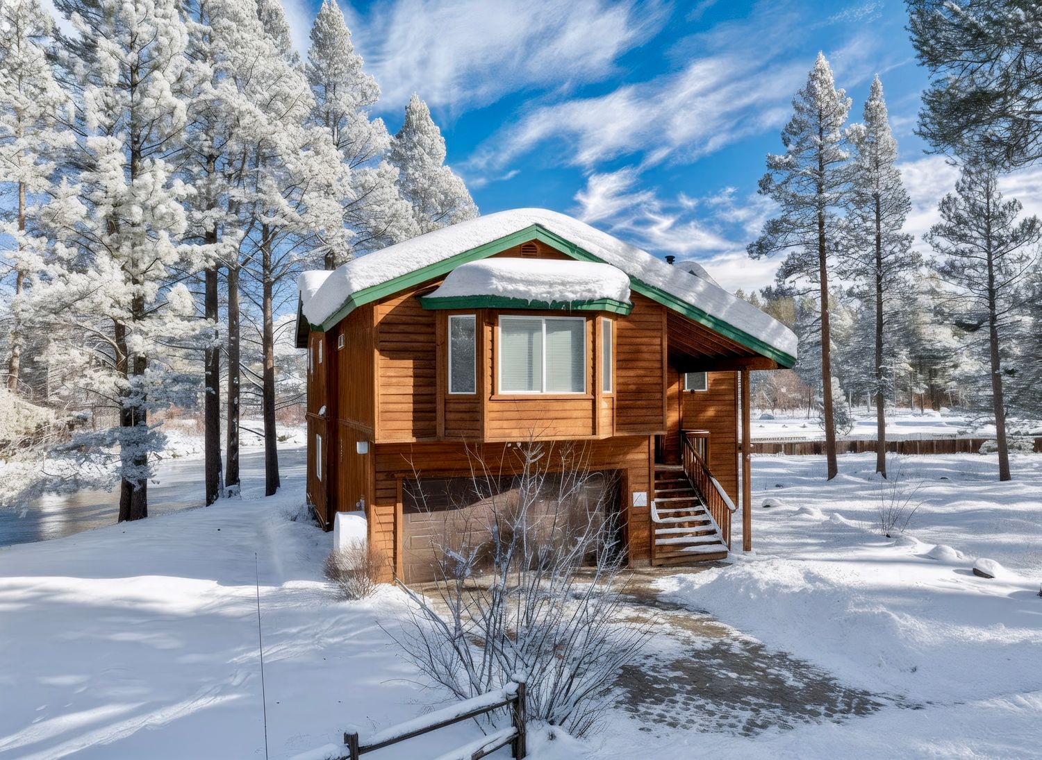 Cozy wooden cabin surrounded by snow-covered pine trees and winter landscape under bright blue skies.