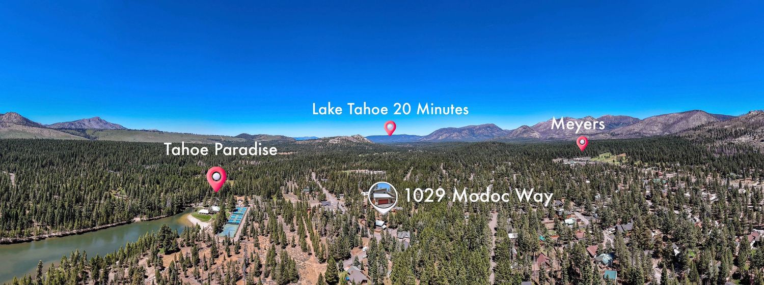 Aerial view of 1029 Modoc Way near Tahoe Paradise and Meyers, CA, with Lake Tahoe just 20 minutes away.