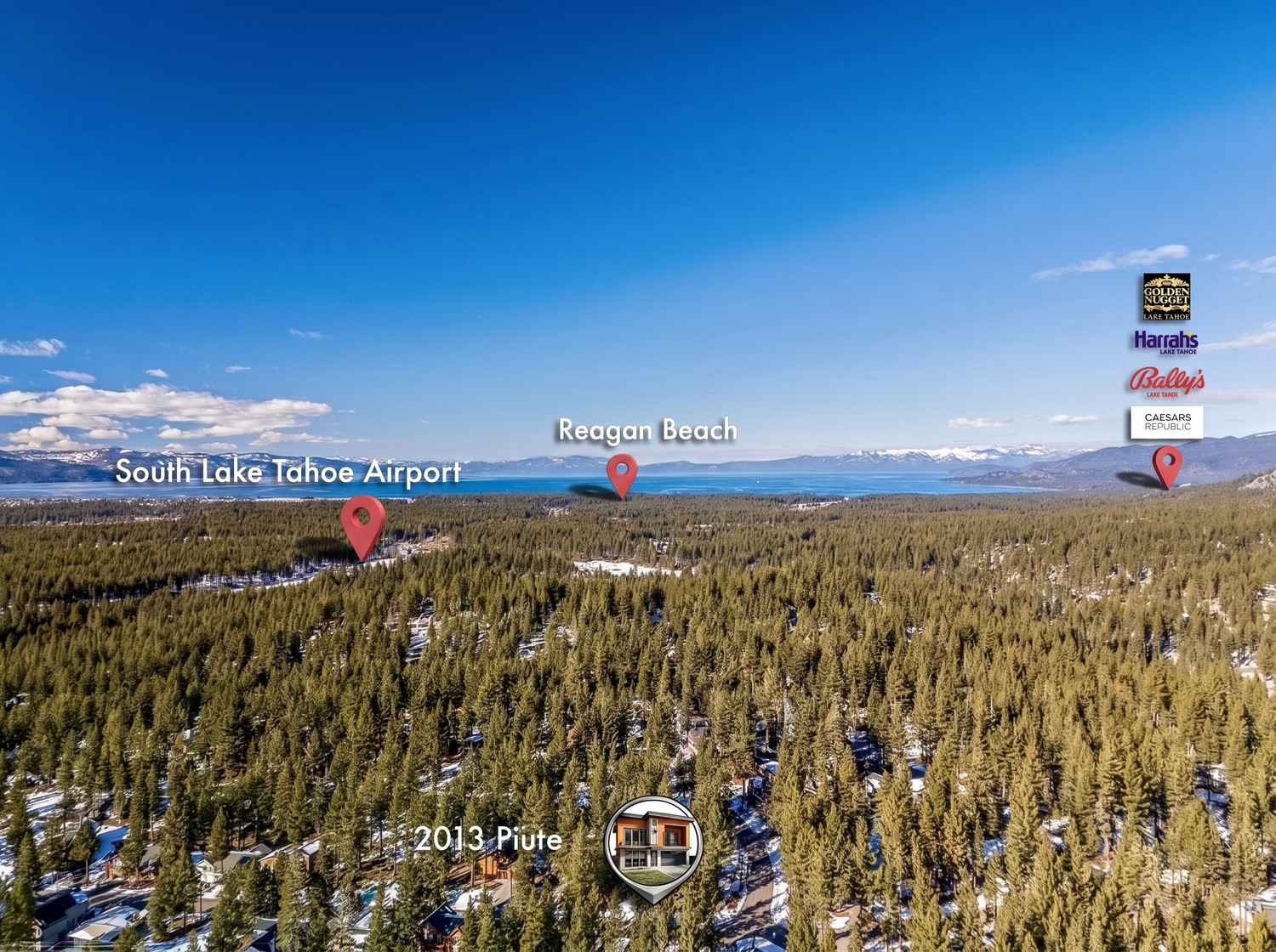 Aerial view of South Lake Tahoe forest with airport and Keegan Beach landmarks visible near 2013 Pine property.