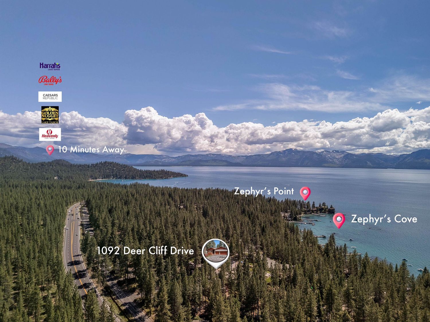 Aerial view of 1092 Deer Cliff Drive near Lake Tahoe, showing dense pine forests, Zephyr Cove, and mountain backdrop.