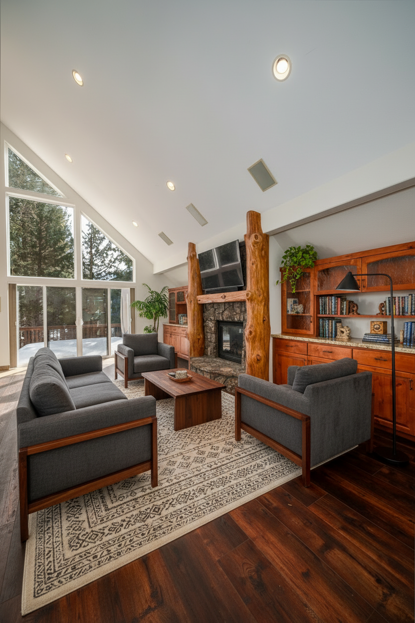 Modern living room with vaulted ceiling, stone fireplace, rustic wood pillars, and dark hardwood floors.
