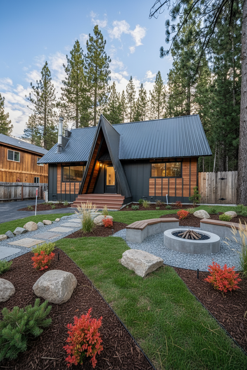 Modern A-frame cabin with dark metal roof features landscaped yard, stone pathway and outdoor fire pit surrounded by pine trees.