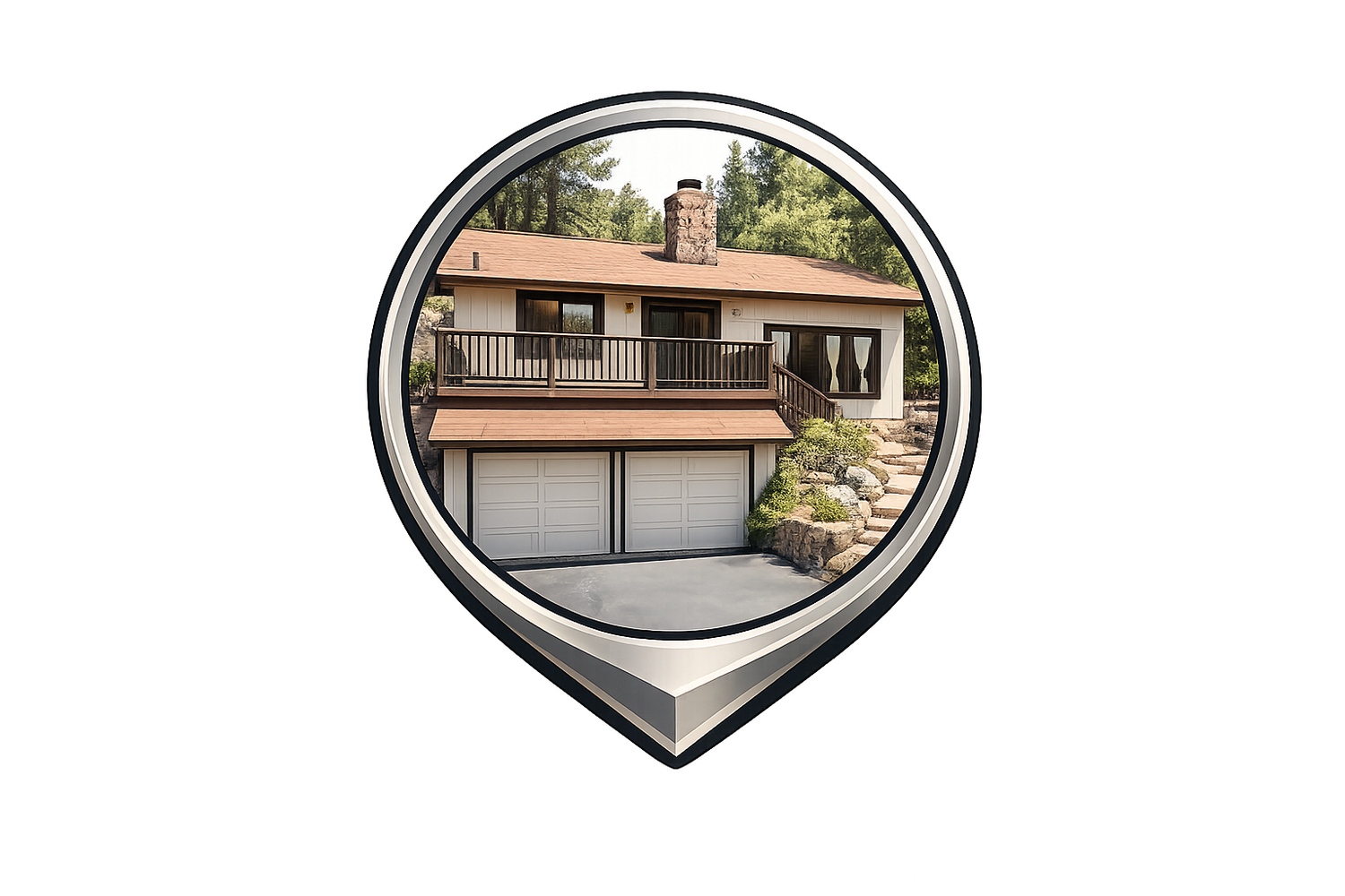 A two-story suburban home with a double garage, wood siding, balcony, and chimney surrounded by tall trees.