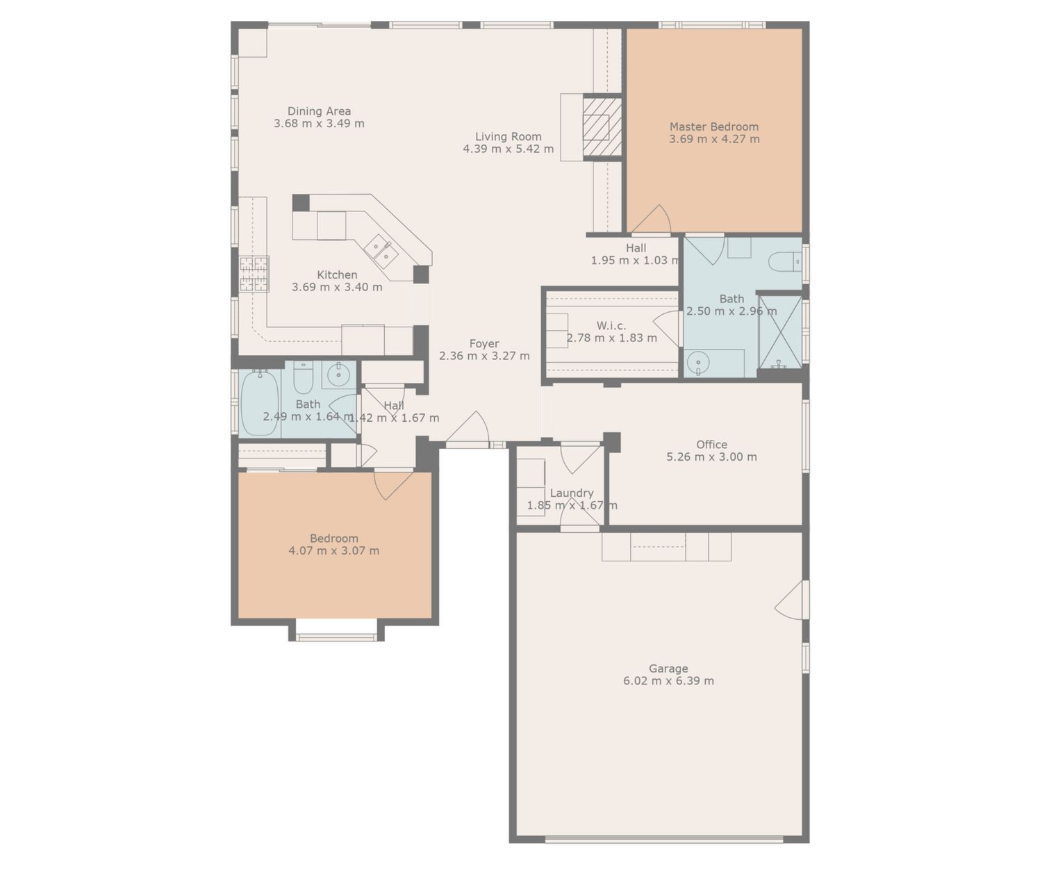 Architectural floor plan showing multiple room layouts with peach and blue colored sections and detailed measurements.