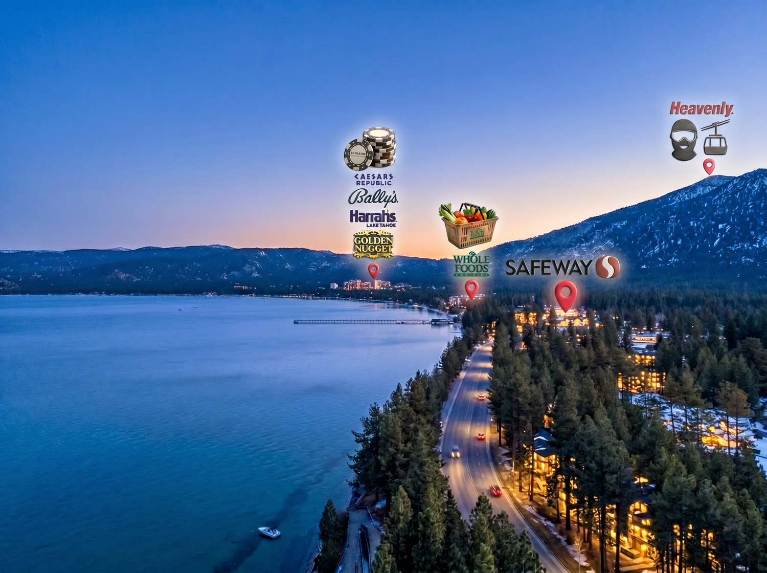 Aerial dusk view of Lake Tahoe shoreline with Harveys, Harrahs, Safeway, and Heavenly ski resort location pins.