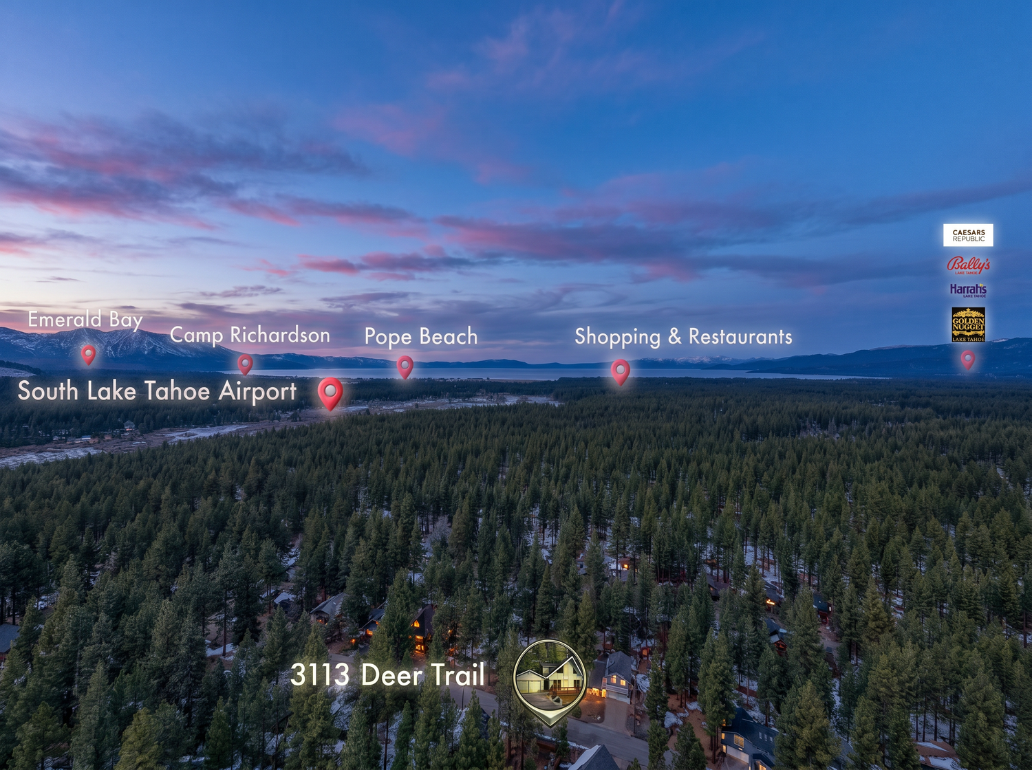 Aerial dusk view of 3113 Deer Trail in South Lake Tahoe, surrounded by pine forest near Pope Beach and Camp Richardson.