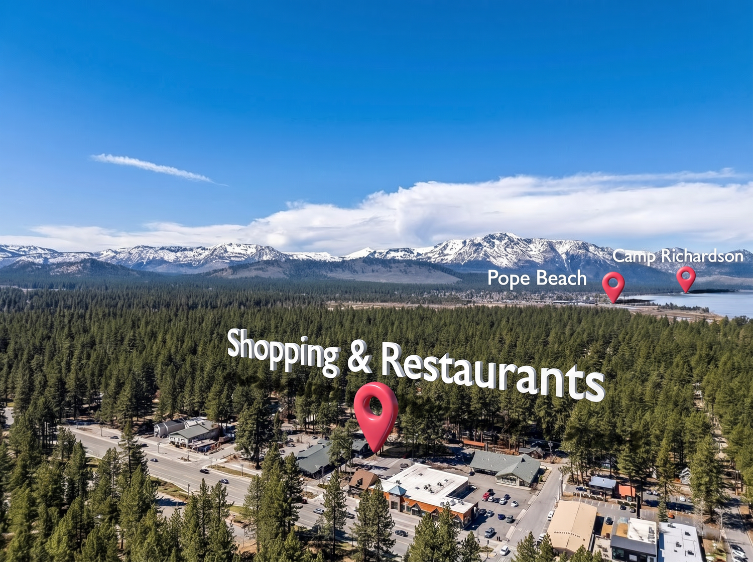 Aerial view of Lake Tahoe shopping and restaurants near Pope Beach and Camp Richardson with snow-capped mountains.