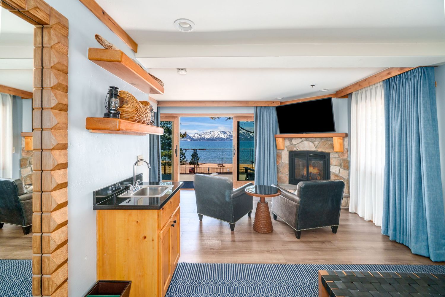 Interior collage showing rustic wooden beams, blue curtains, and modern furnishings in a cozy mountain lodge space.