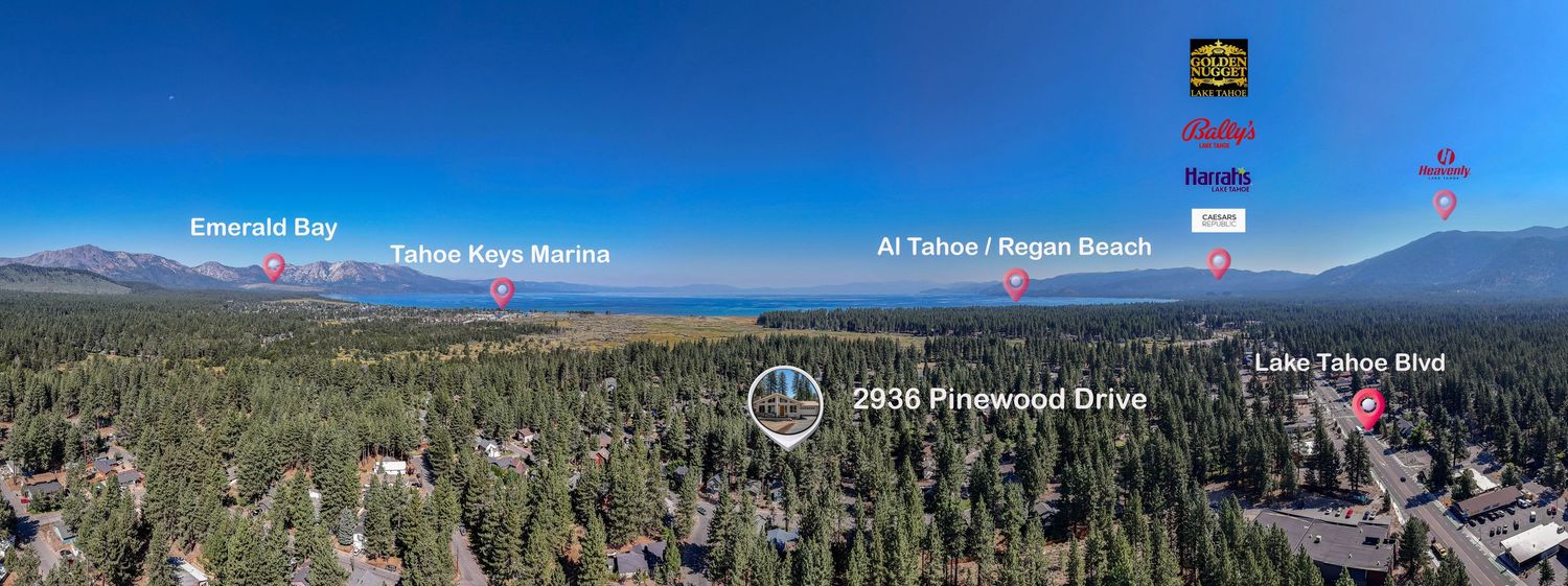 Aerial panoramic view of Lake Tahoe area showing Emerald Bay, Tahoe Keys Marina, Al Tahoe Beach, and 3836 Pinewood Drive.