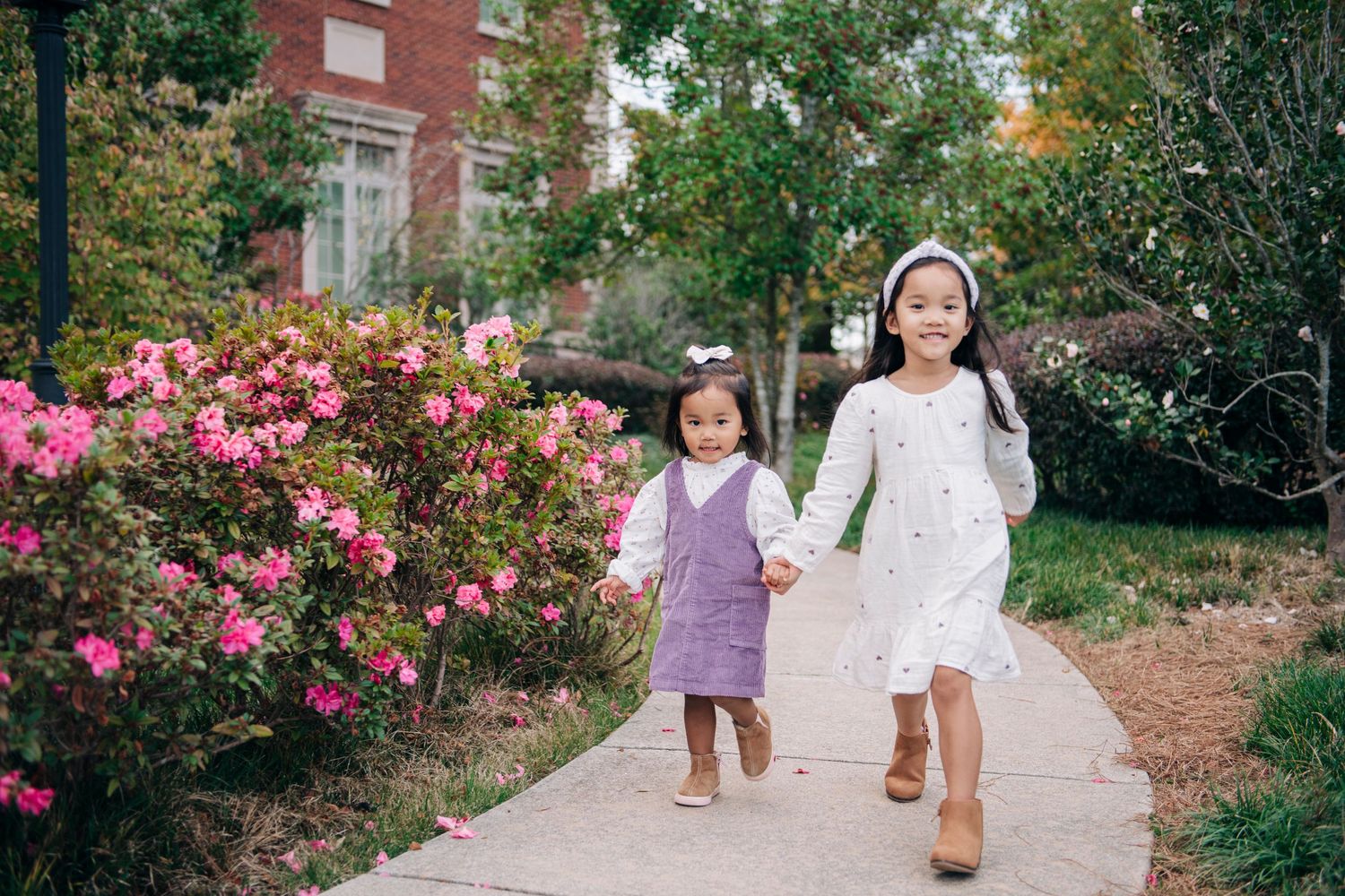 Two young Asian girls in dresses hold hands walking on a garden path with pink flowering bushes.