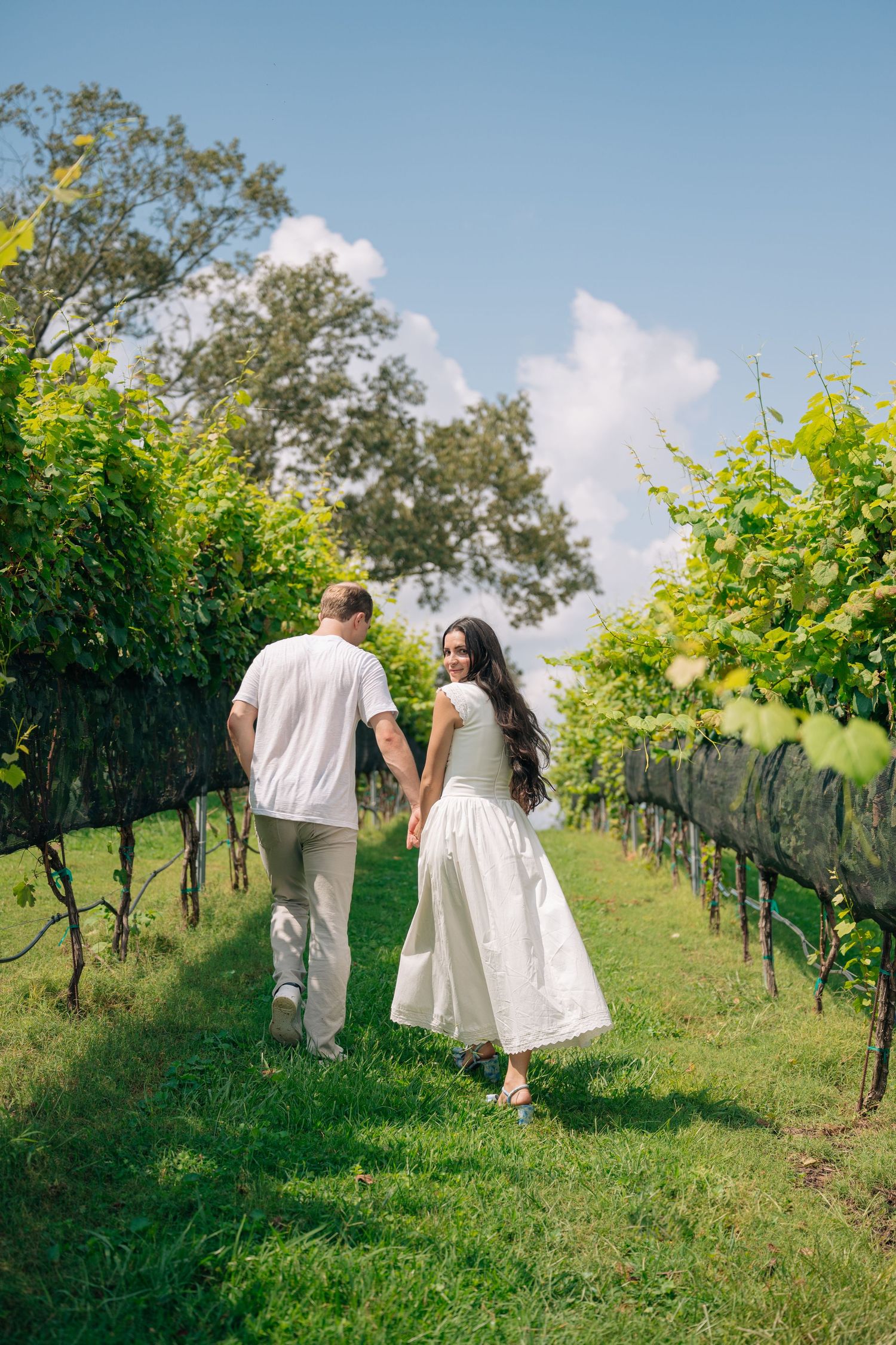 Couple walking hand-in-hand through lush green vineyard rows, woman in white skirt glancing back, sunny day.