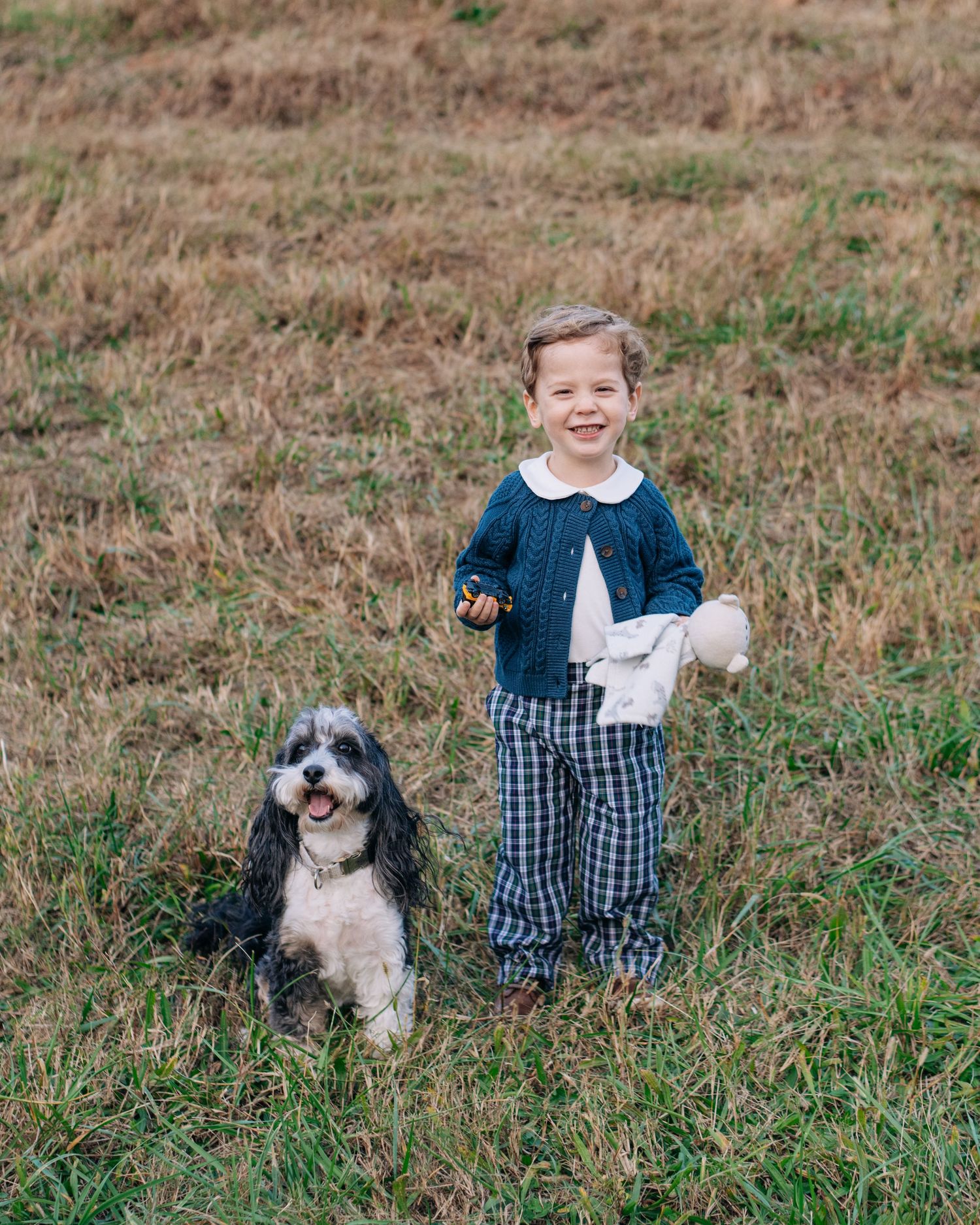 A smiling toddler in plaid pants and teal cardigan stands beside a fluffy black and white dog in a grassy field.