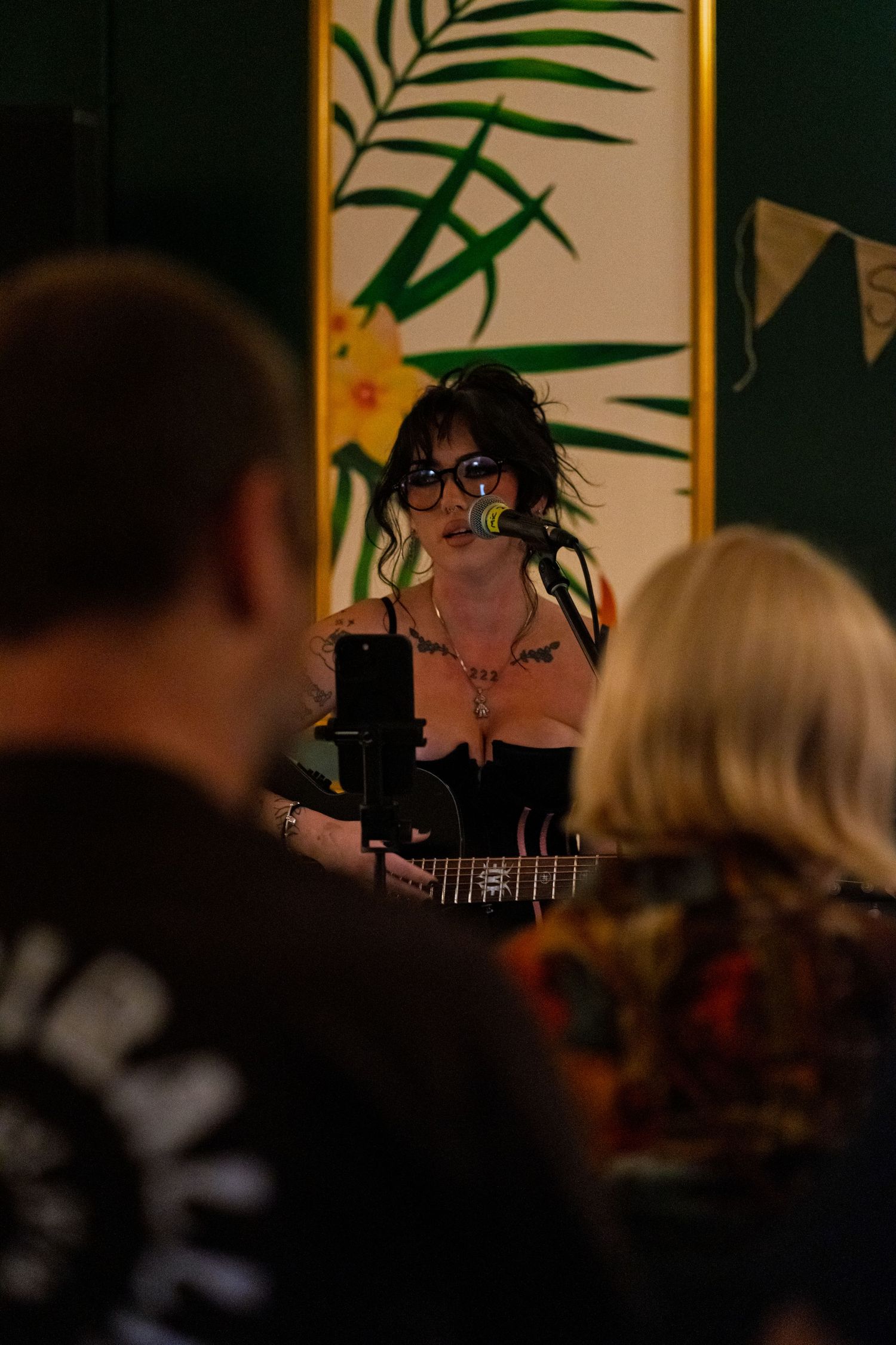 Silhouetted performer on stage with tropical leaf backdrop and audience in foreground.