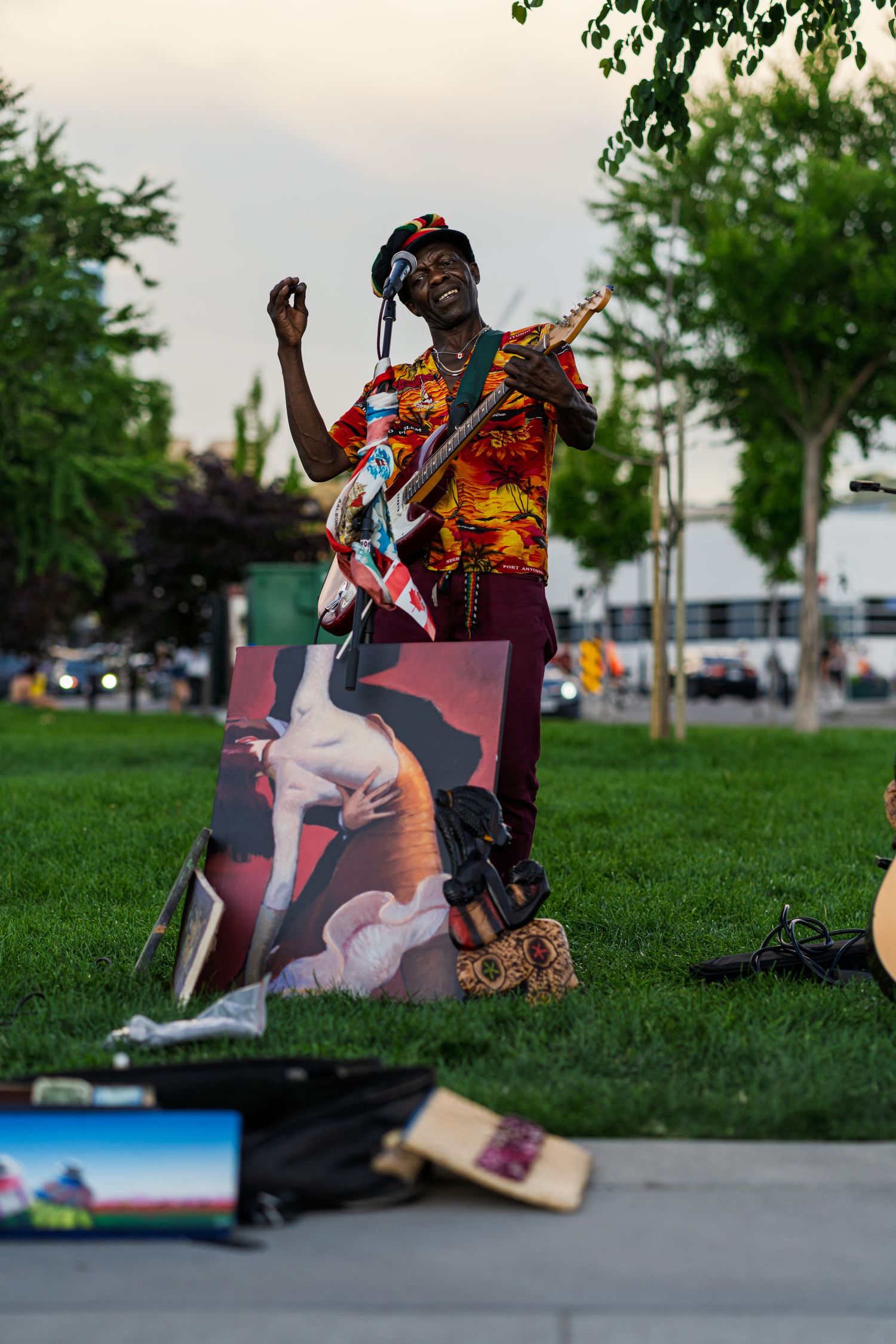 Colorful art installations or cutouts displayed on grass in park setting at dusk.