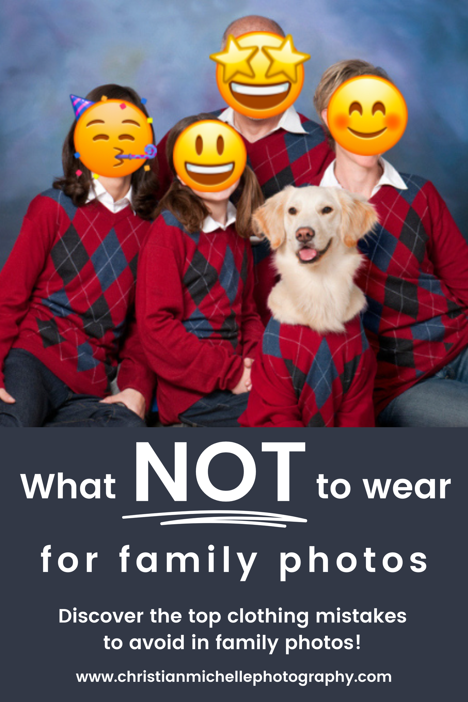 Family members in matching red and blue plaid outfits pose with white dog for example photo of what not to wear for family photos.