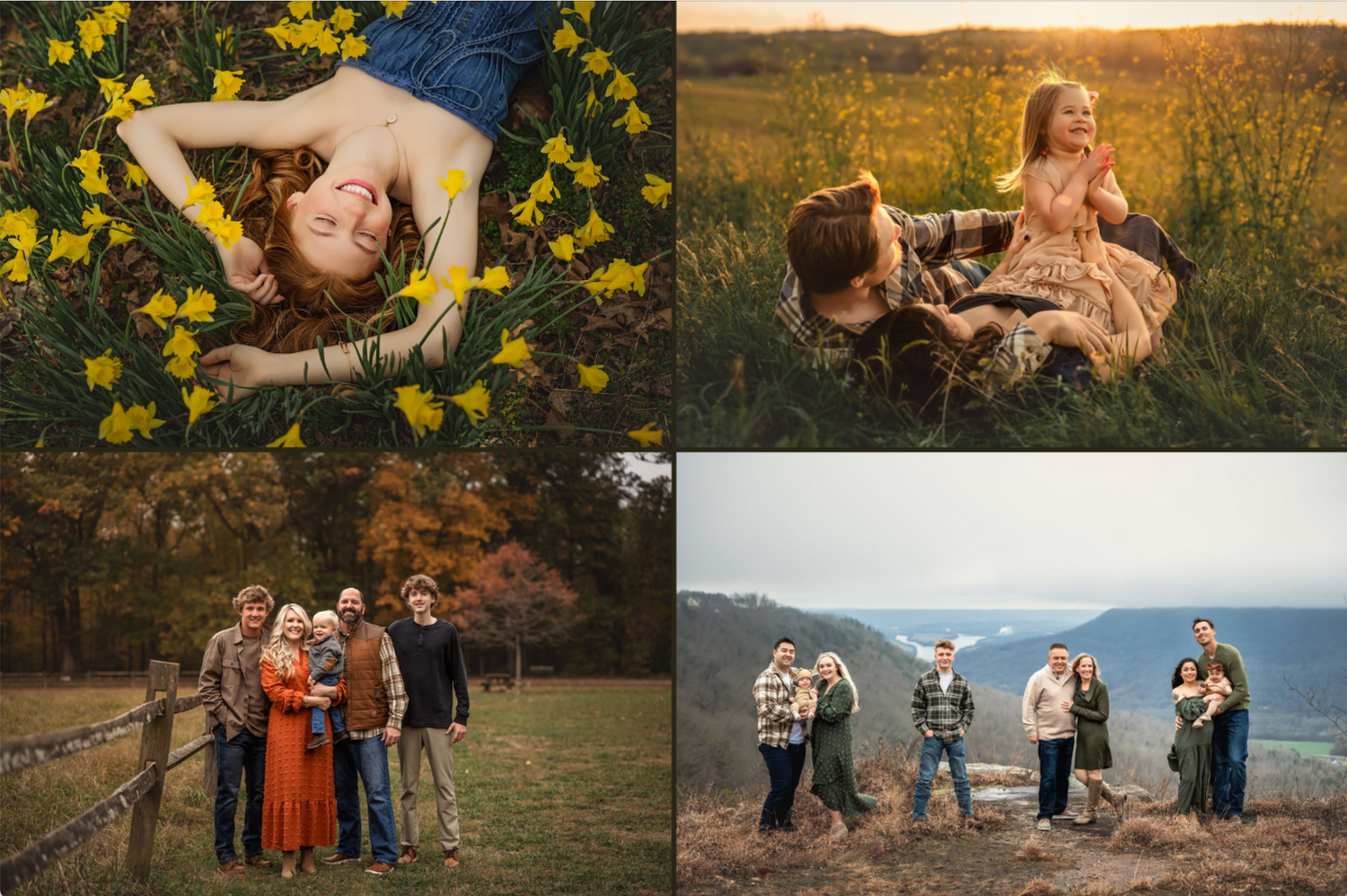 Collage of outdoor photography sessions featuring portraits in flower fields, golden meadows, and mountain overlooks.
