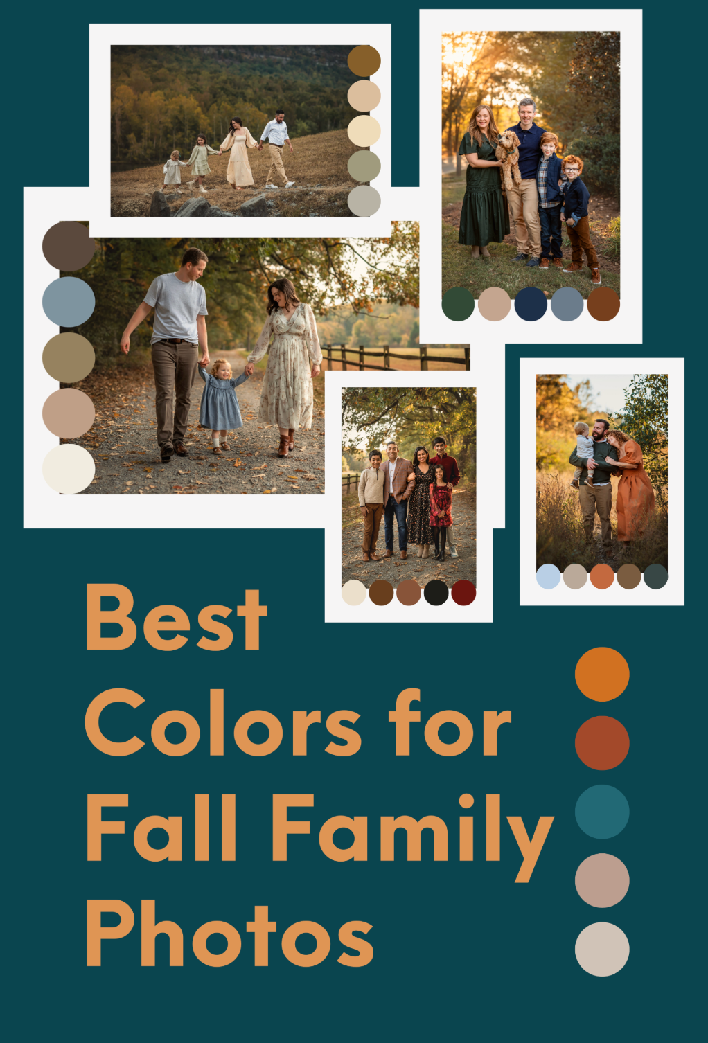 A collection of outdoor photo frames arranged on a teal background with text about fall family photos and colors.