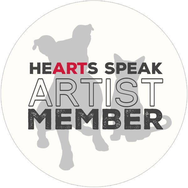 HeARTs Speak Artist Member badge featuring silhouettes of a dog and cat on a circular white background.