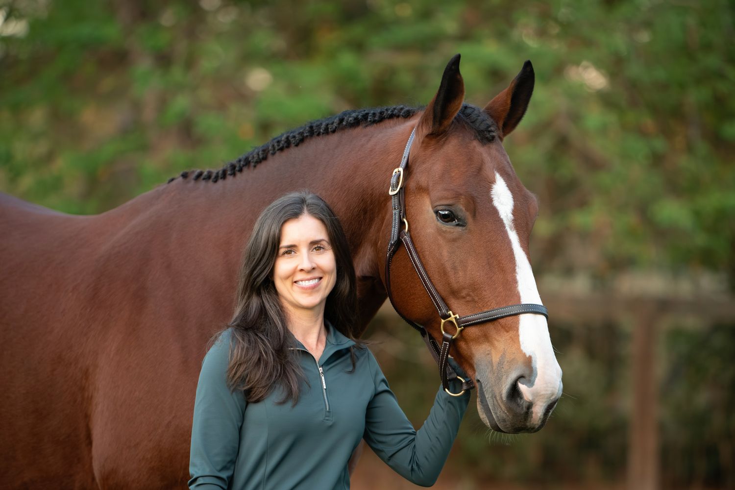 A beautiful bay horse with white blaze stands next to someone wearing a teal pullover outdoors.