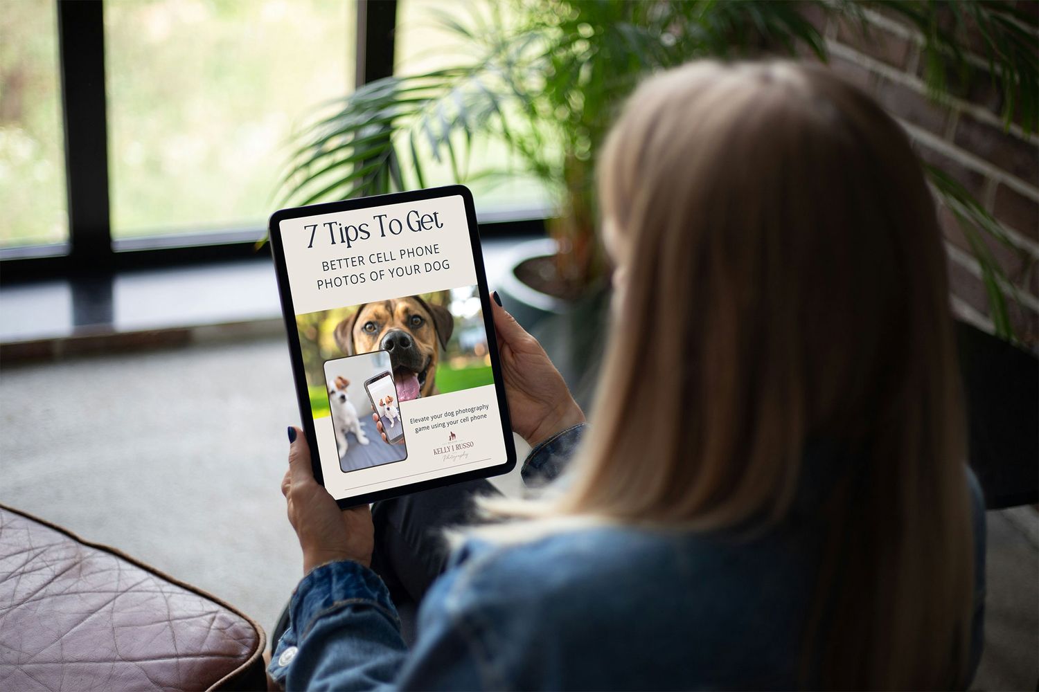 Someone holding an iPad while relaxing on a couch, displaying a dog-themed magazine or article on the screen.