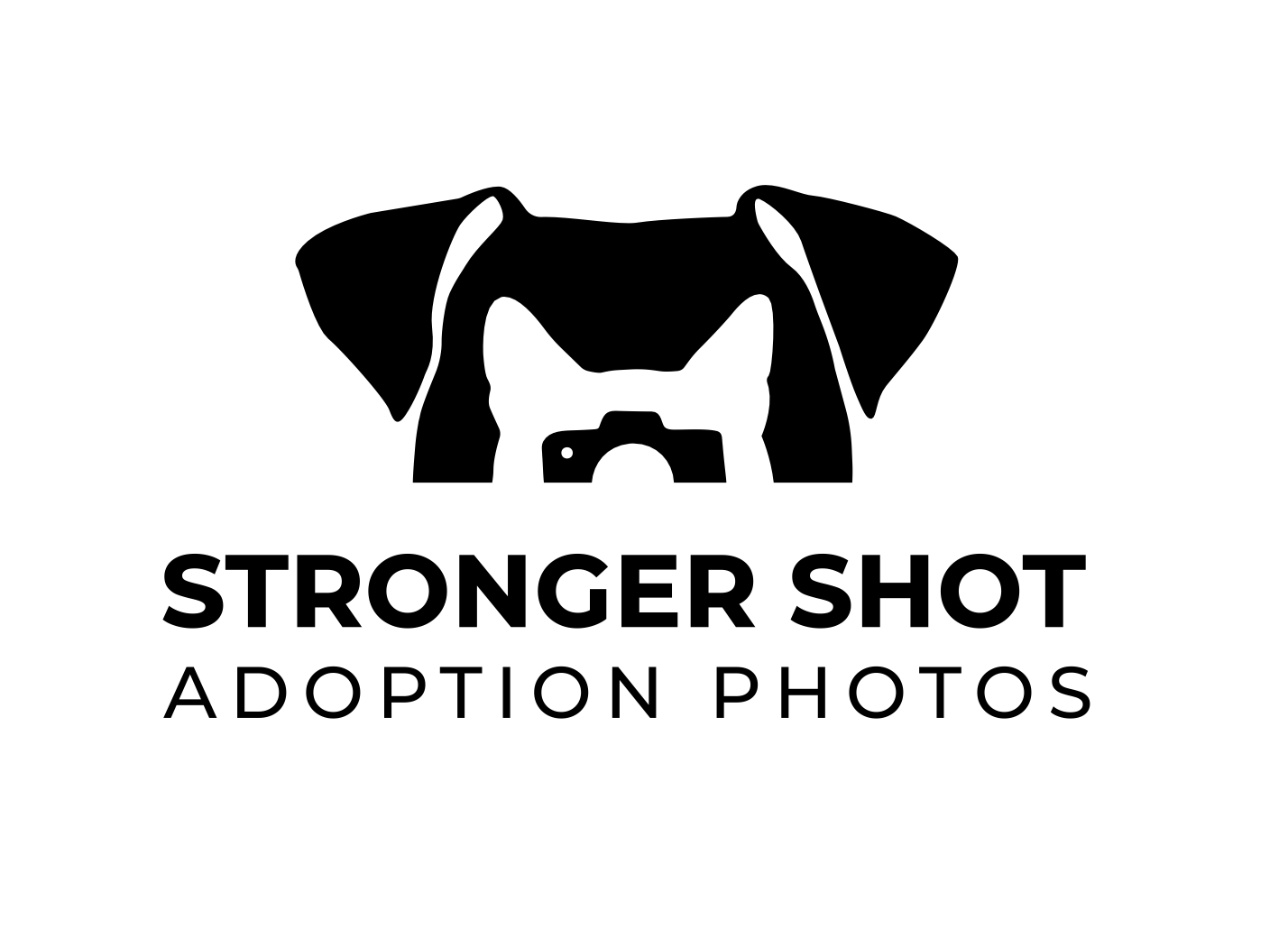 Black and white logo for Stronger Shot Adoption Photos featuring a dog silhouette with a camera icon.