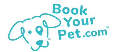 A blue and white logo design for Book Your Pet featuring a paw print and stylized text.