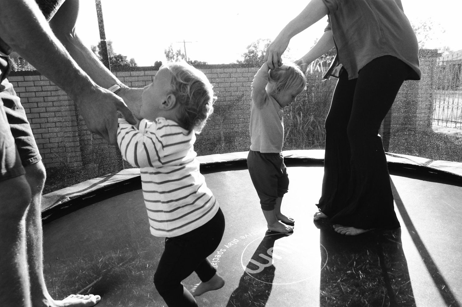 Twins giggling on the trampoline with their parents during a family photoshoot in Perth.