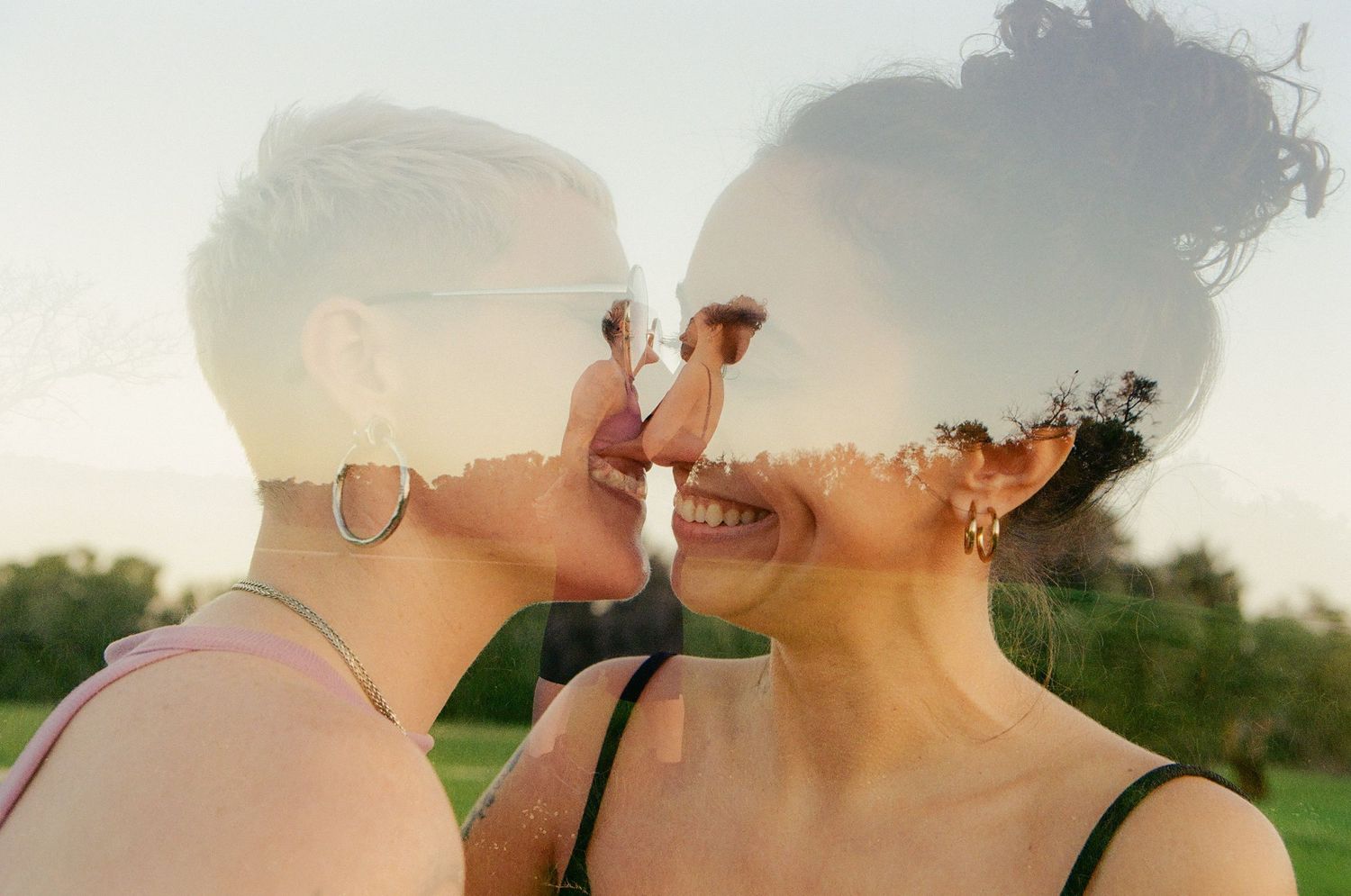 Creative double exposure anniversary portrait of LGBTQ+ couple in Perth, soft and intimate queer love captured on film.