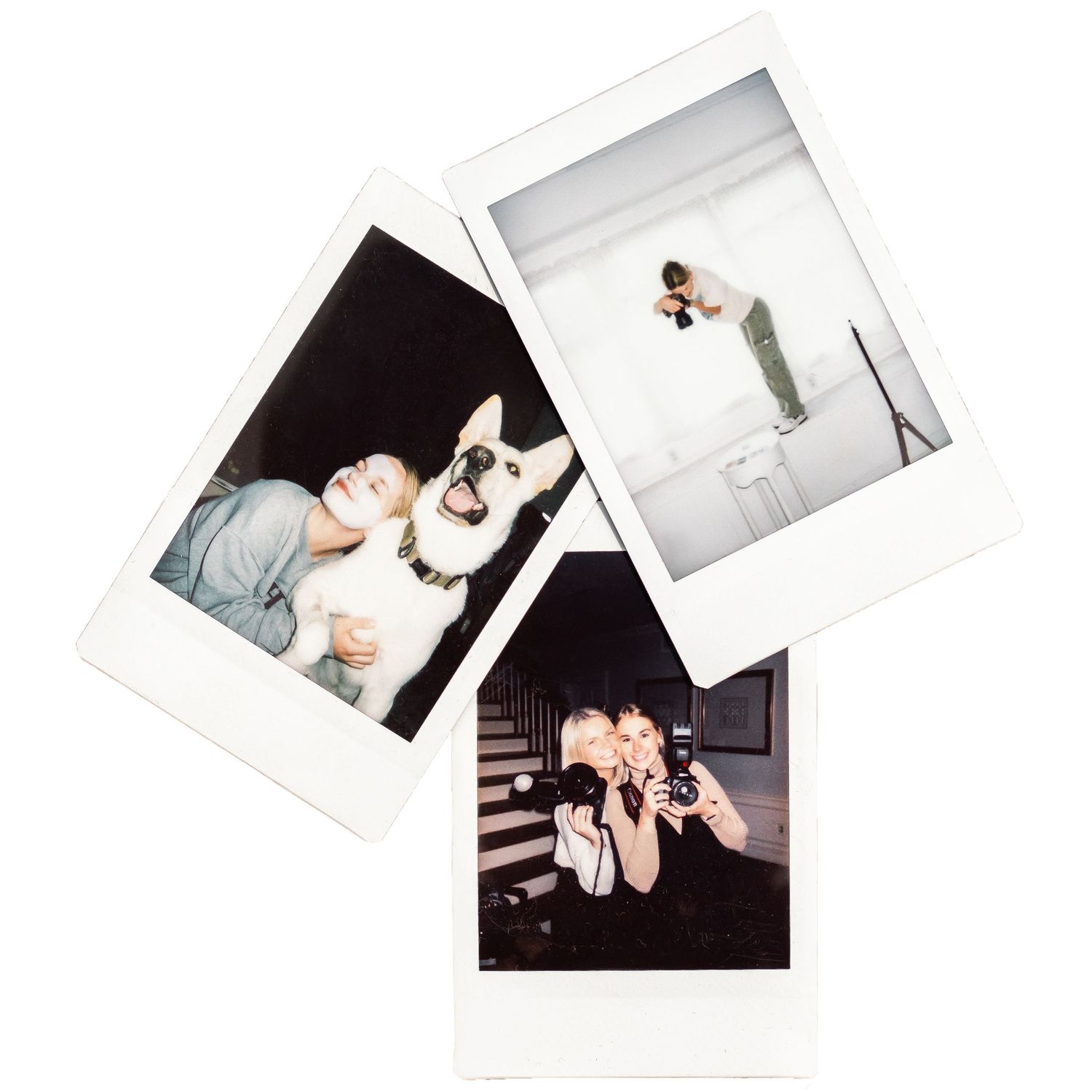 Three polaroid photographs: one with a women and a white german shepherd, one with a woman standing on a ledge taking a 