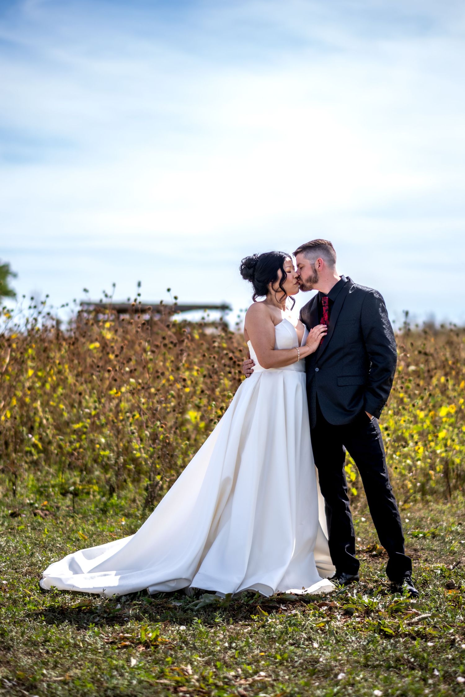 Bride and groom share romantic kiss in golden field under blue sky at outdoor fall wedding.