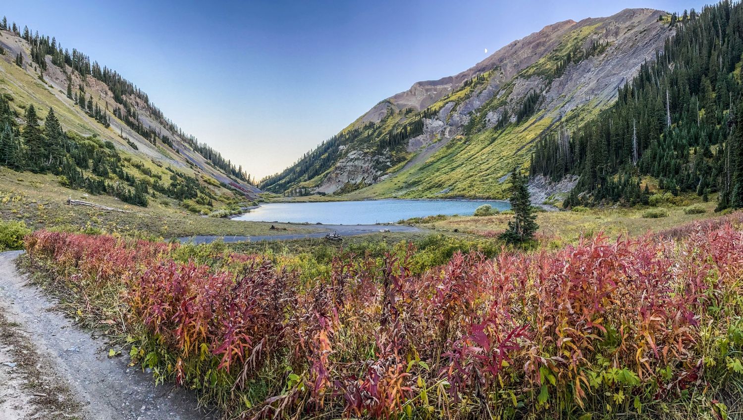 Scenic alpine lake nestled in mountain valley surrounded by vibrant red wildflowers and evergreen forest trails.