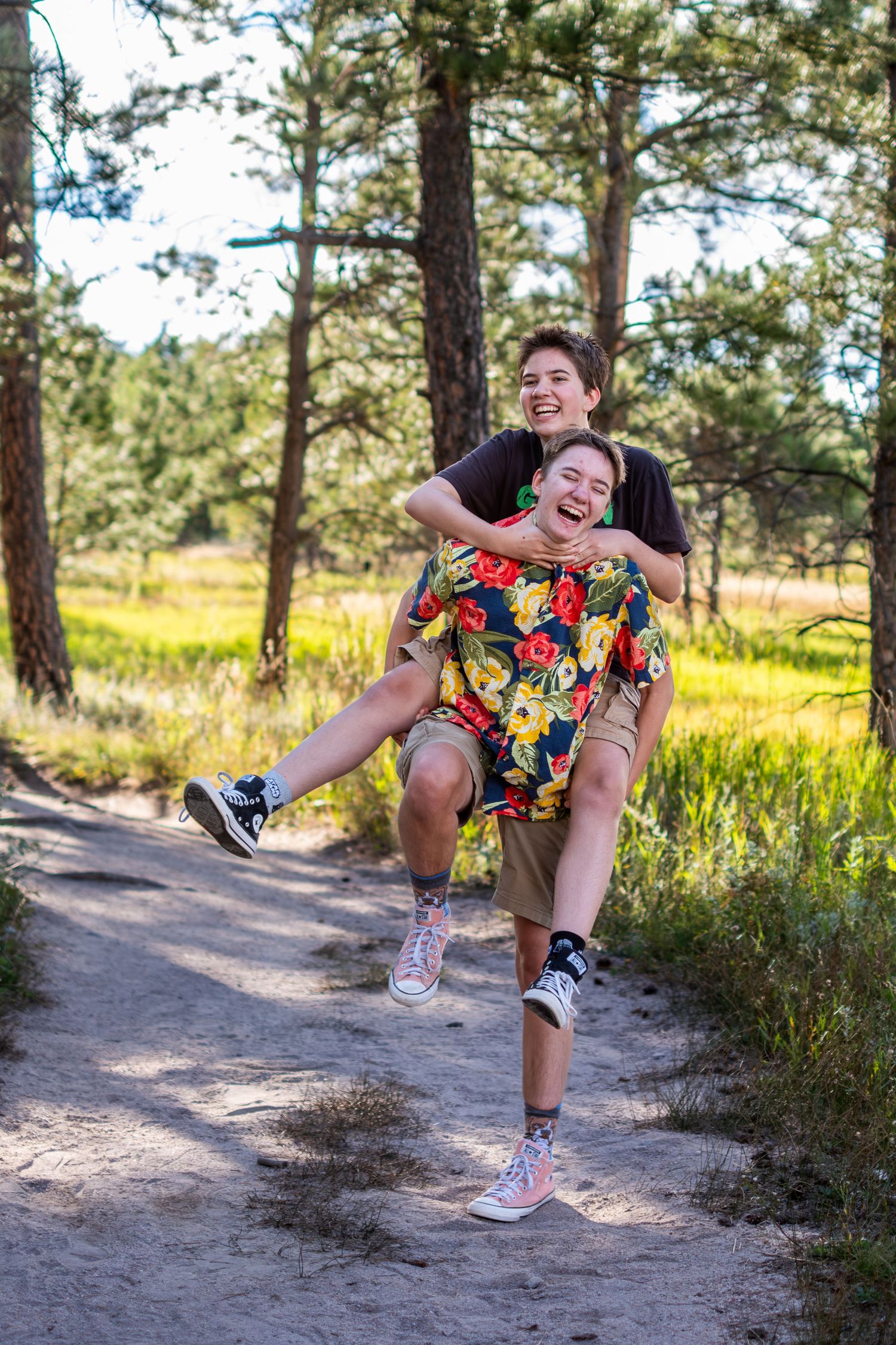 Laughing teenage boy giving his brother a piggyback ride on a sunny pine forest trail.