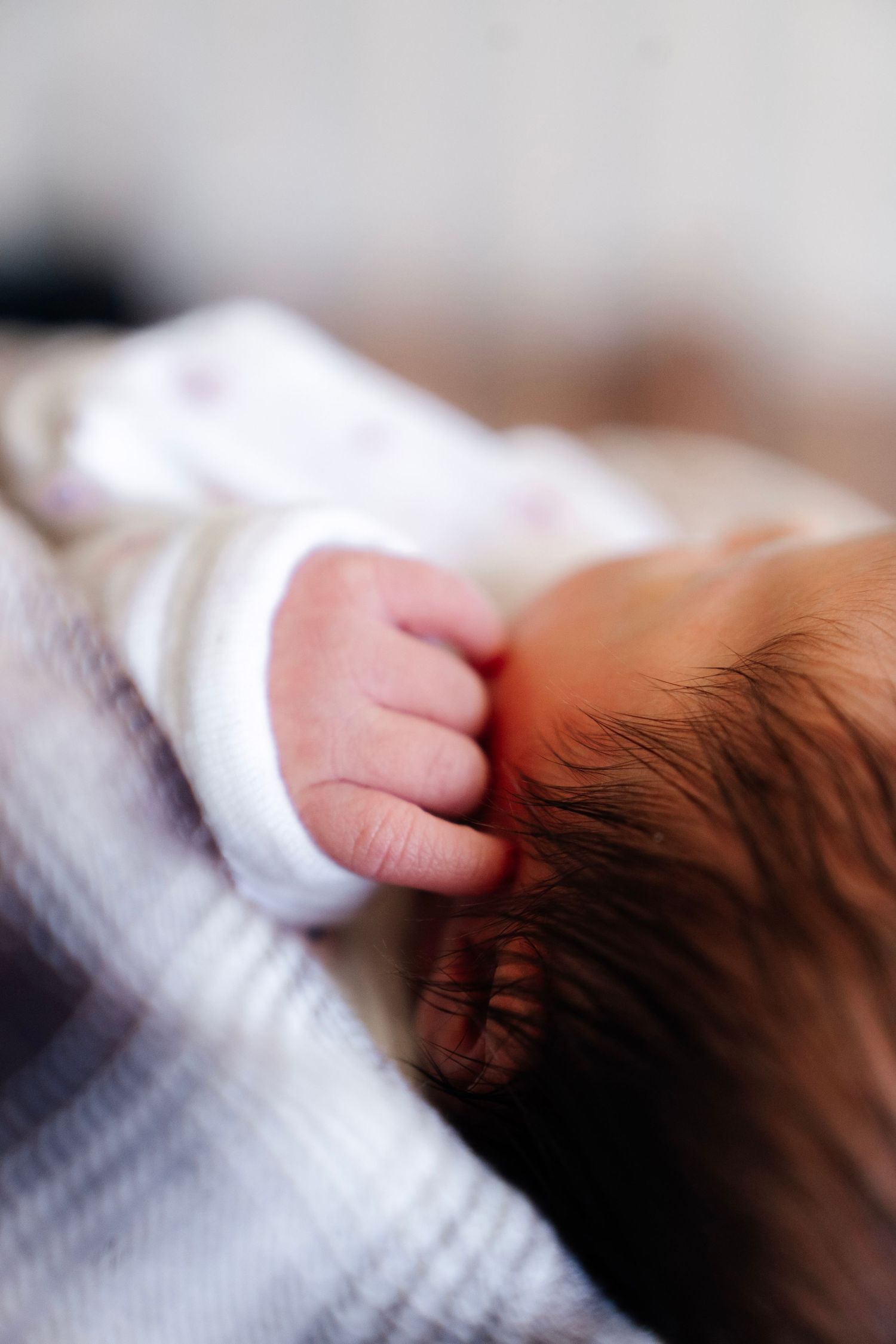 Close-up color photo of a newborn baby's tiny fist resting near dark hair by Nelson Newborn Photographer