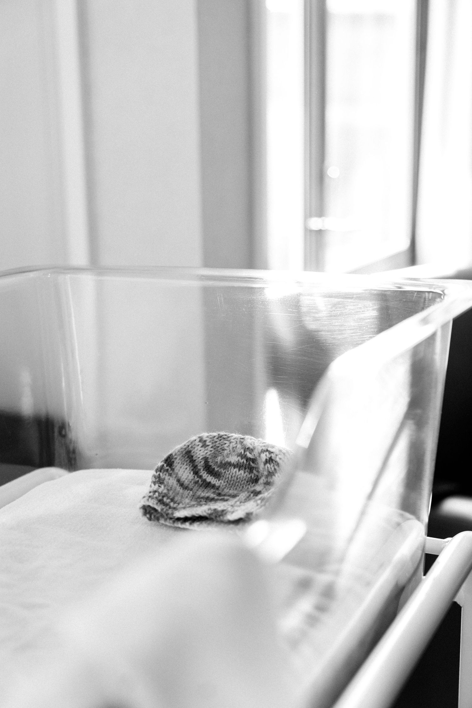 Newborn baby hospital bassinet with a small knitted baby hat inside by a window. Fresh 48 shots from a Nelson Newborn Photographer