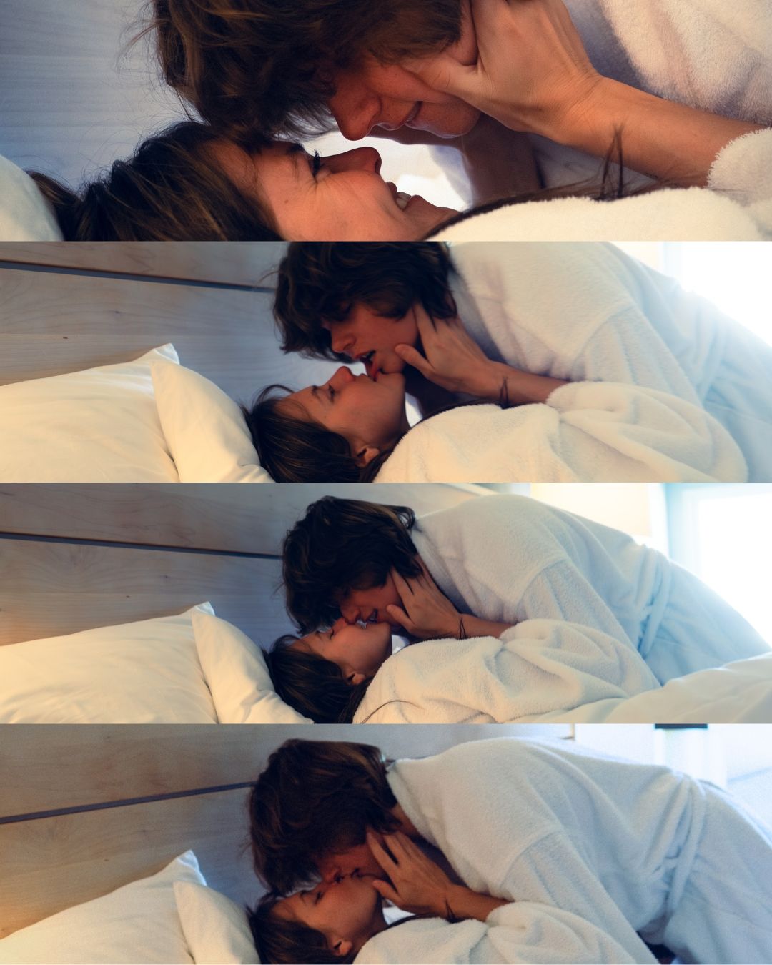 A romantic couple shares tender kisses in bed with white pillows in a four-panel photo sequence.