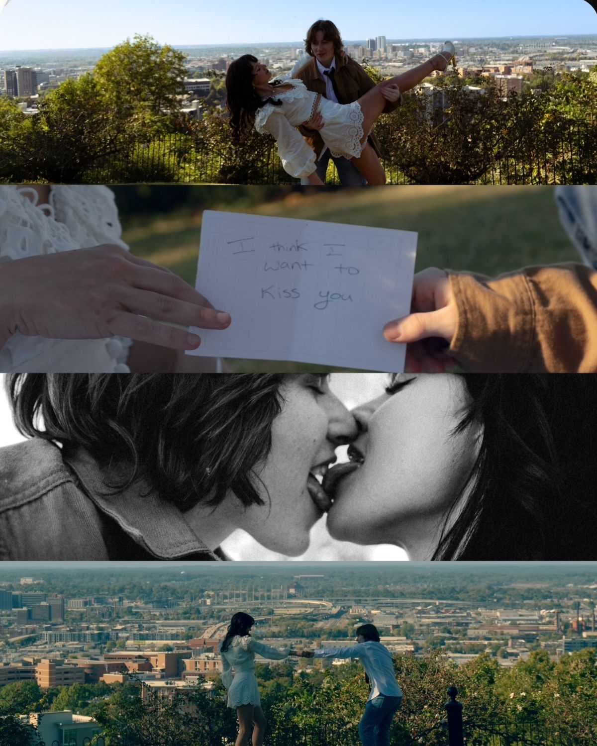 Romantic collage of couple kissing, holding a love note, and embracing with city views.