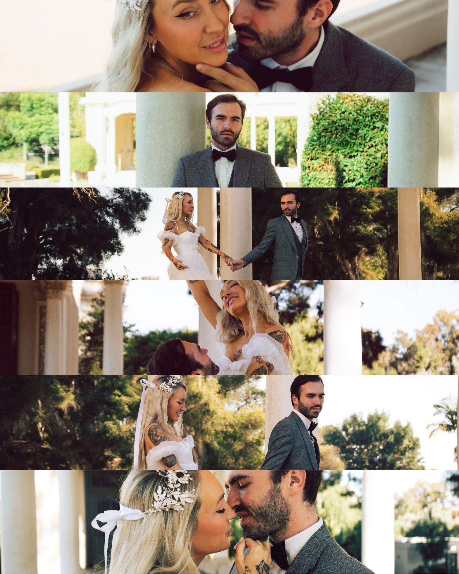 A romantic wedding collage featuring a blonde bride and bearded groom sharing joyful moments outdoors.