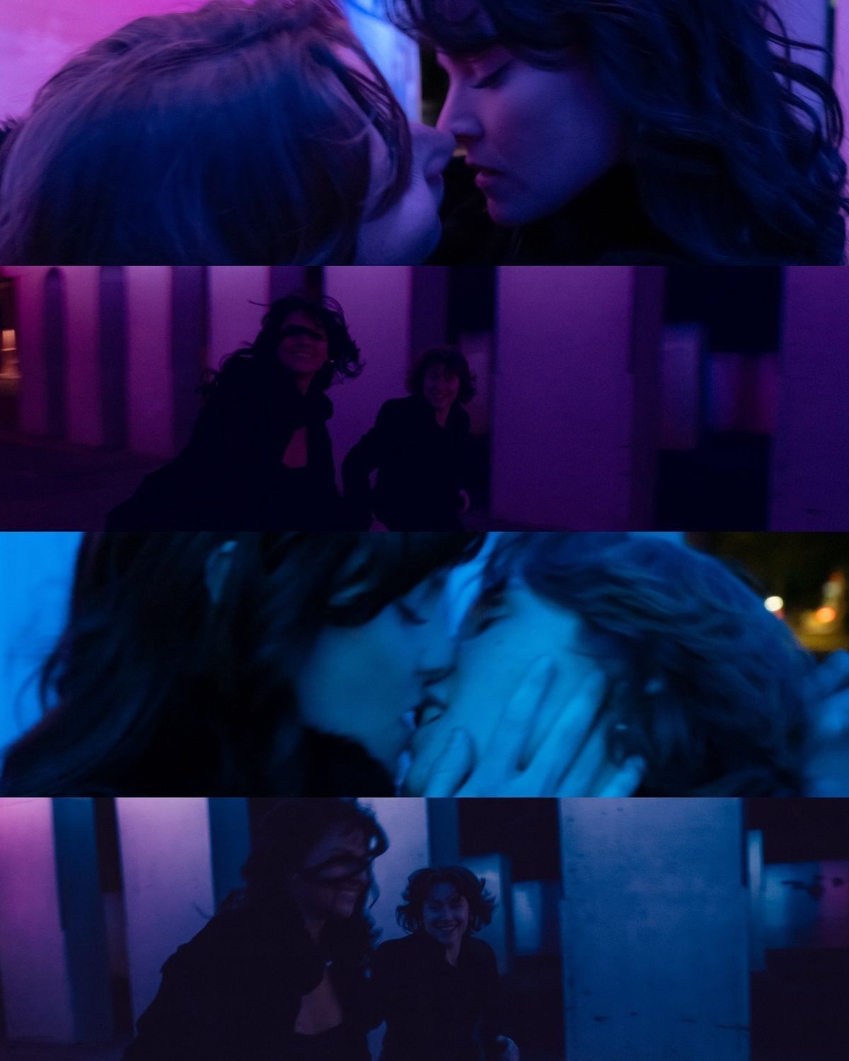 Collage of couples sharing romantic moments under moody purple and blue neon lights.