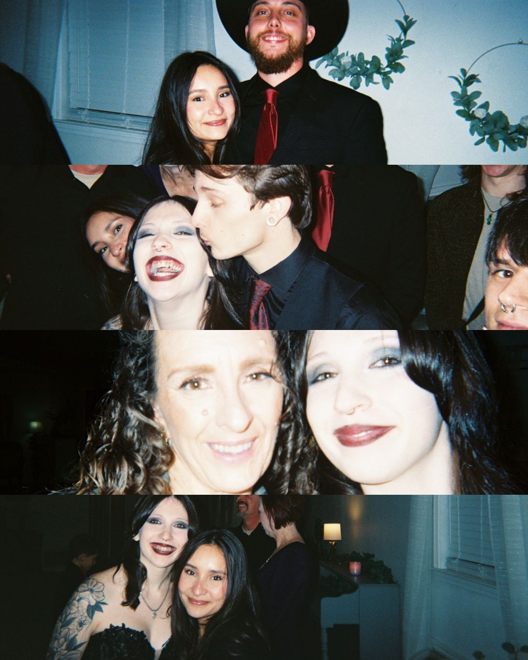 Film photo collage of couples and friends celebrating at a dark romantic wedding reception party.