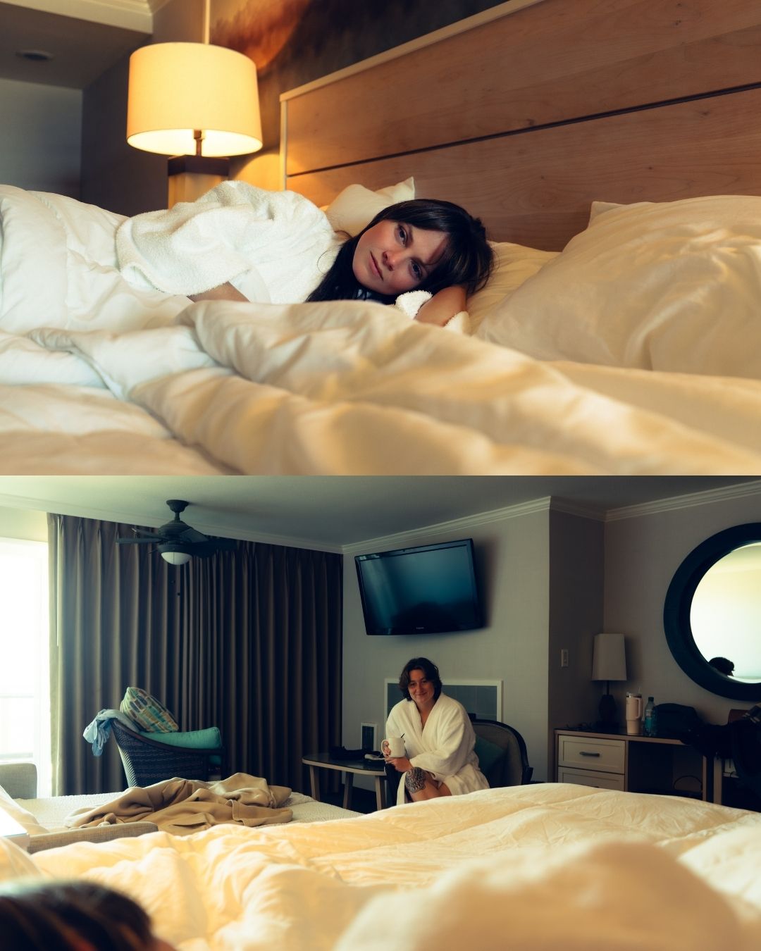 Two-panel photo of a dark-haired woman in a hotel room bed and in a robe.