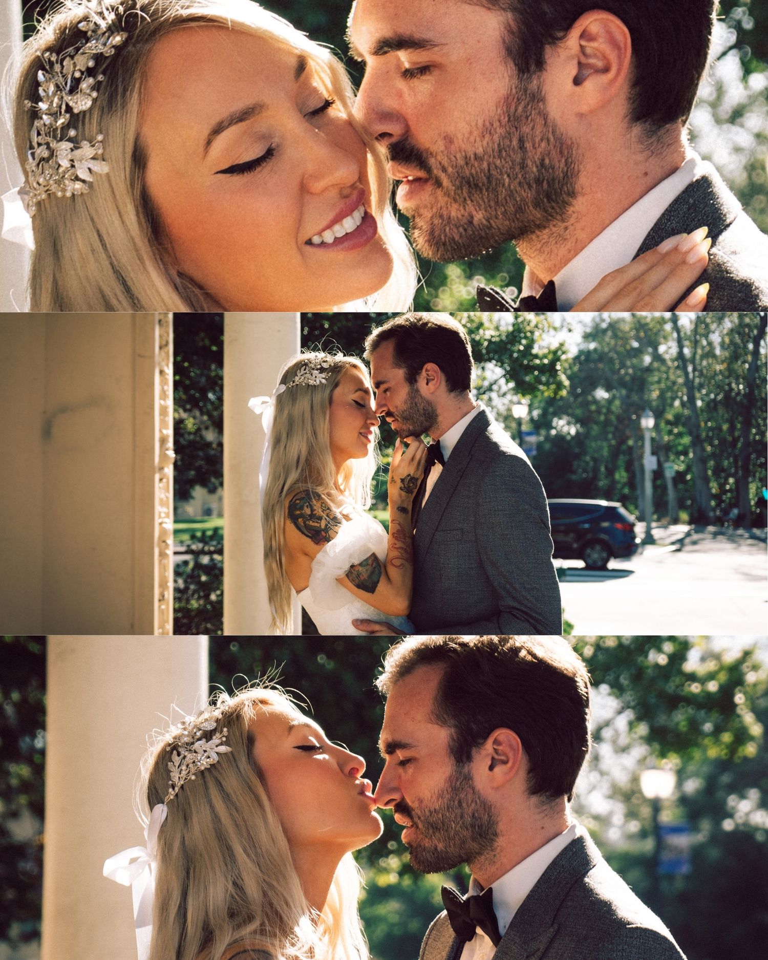 A romantic wedding collage showing a bride with floral headpiece and groom sharing intimate moments and a kiss.