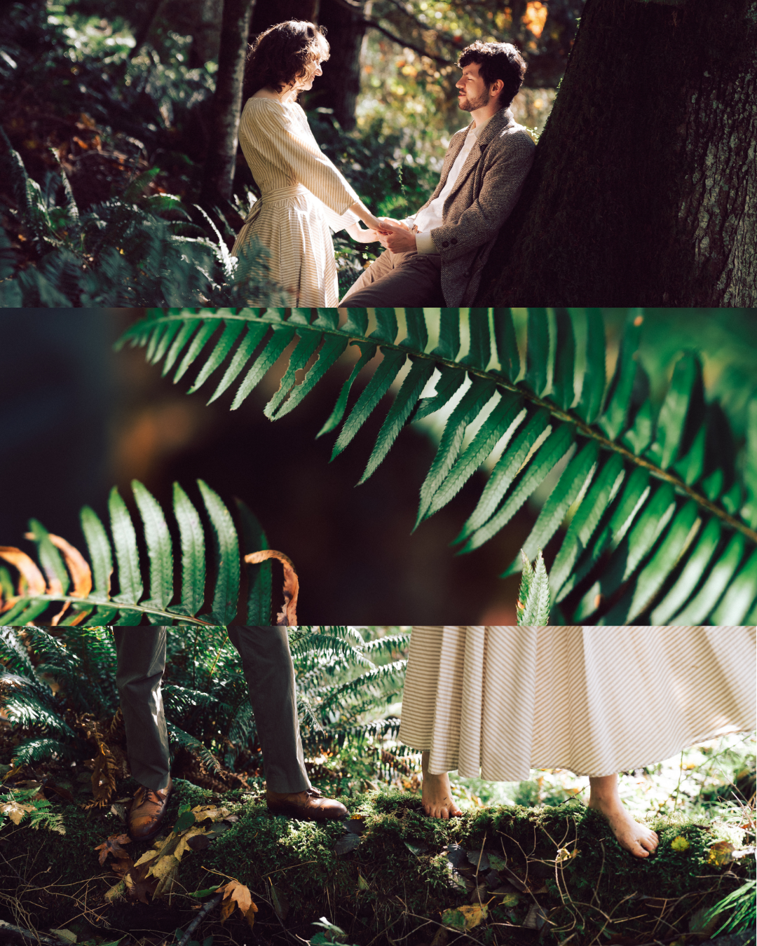 A romantic couple holds hands in a lush forest setting with fern details in a dreamy photo collage.
