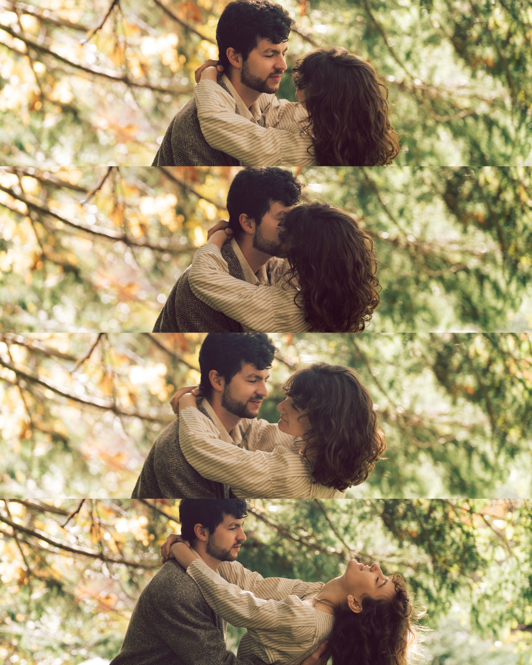 Four-panel collage of a couple embracing and laughing together under autumn foliage.