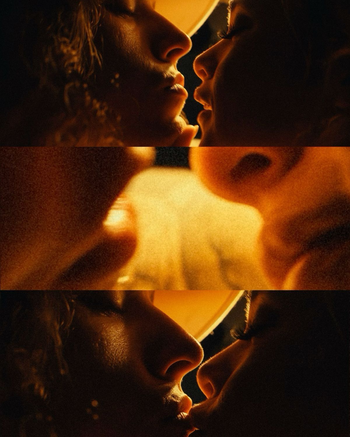 Intimate close-up triptych of two people kissing in warm golden light with dramatic shadows.