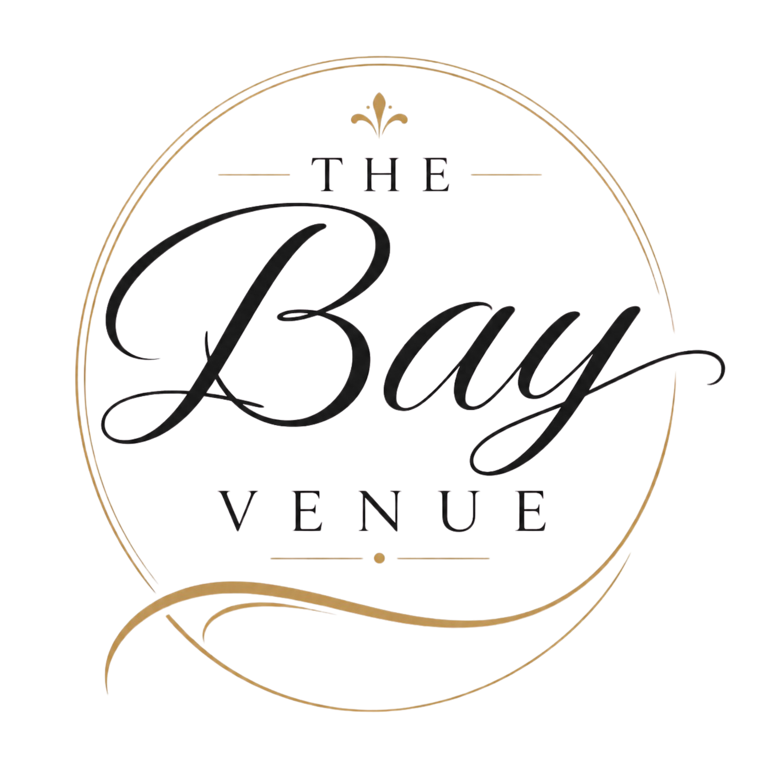 The Bay Venue elegant venue logo with gold circle, fleur-de-lis, and classic black script lettering.